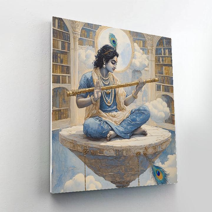 Krishna Playing Flute In A Floating Library Temple paint by color