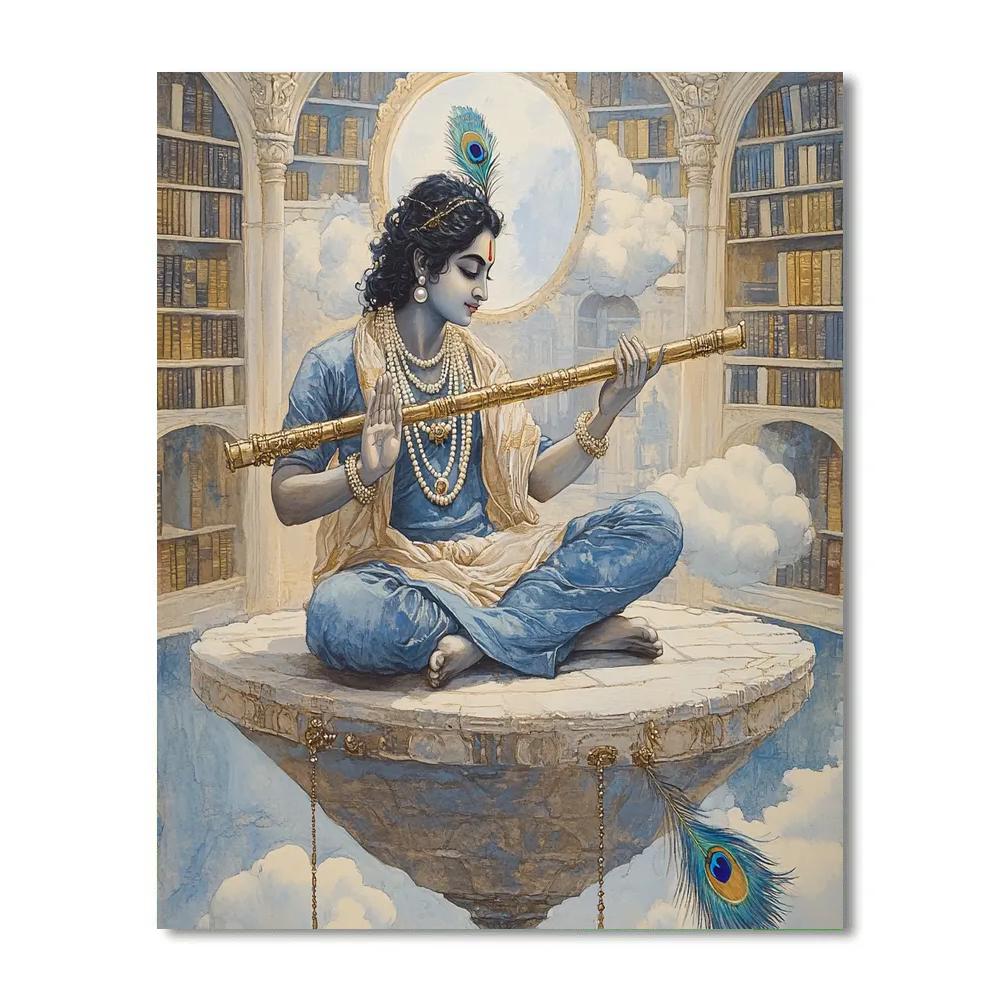 Krishna Playing Flute In A Floating Library Temple paint by color