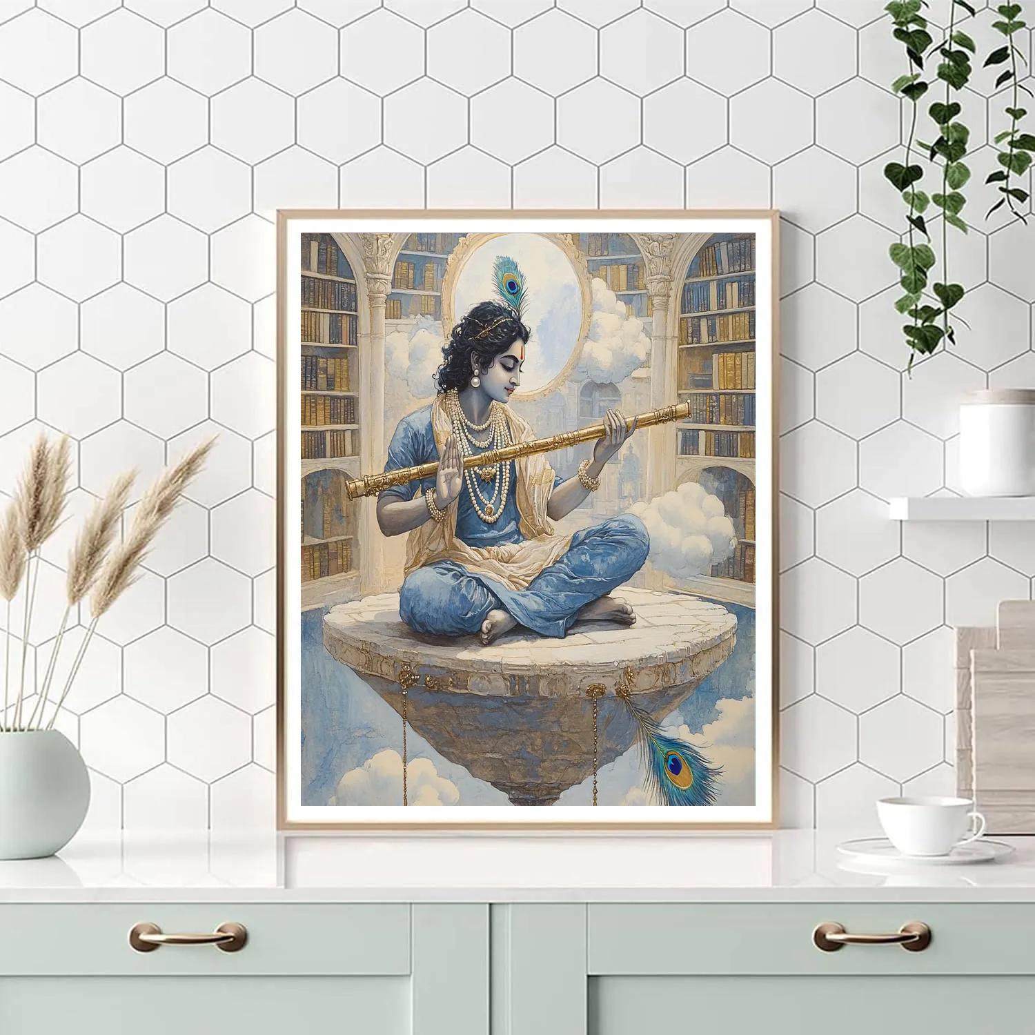 Krishna Playing Flute In A Floating Library Temple paint by color