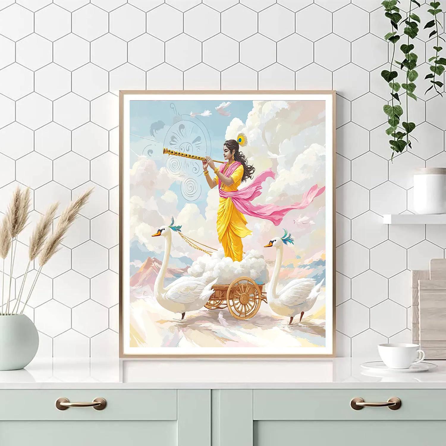 Krishna Riding A Cloud Chariot Of Flute Notes Number painting