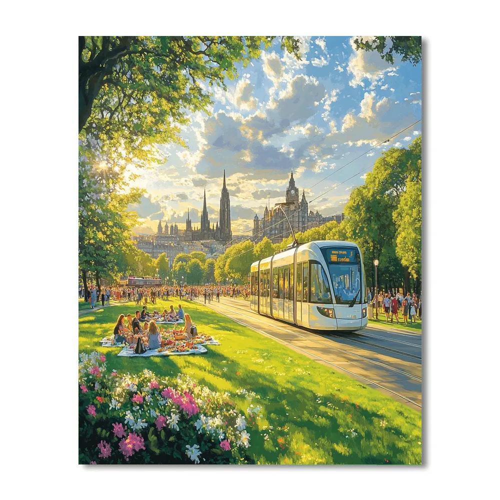 Harbor Trams And Waterfront At Princes Street Gardens Edinburgh United Kingdom painting number kit