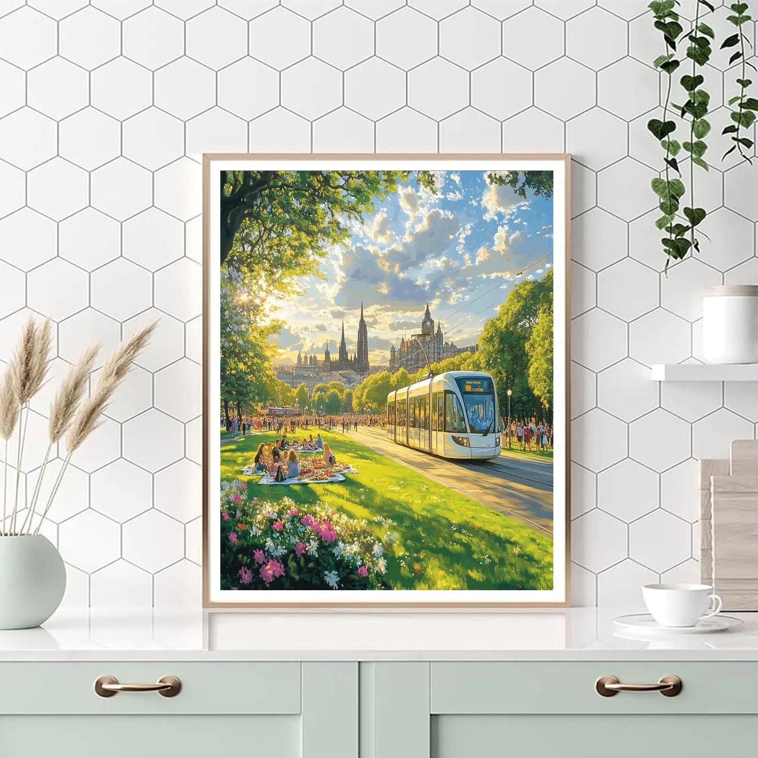 Harbor Trams And Waterfront At Princes Street Gardens Edinburgh United Kingdom painting number kit