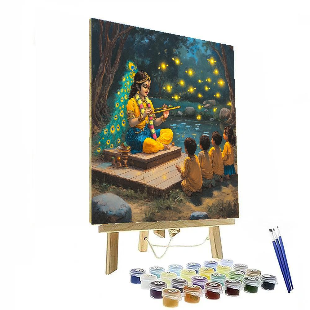 Krishna Hosting The Firefly Flute Lesson paint by color