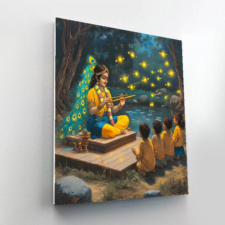 Krishna Hosting The Firefly Flute Lesson paint by color