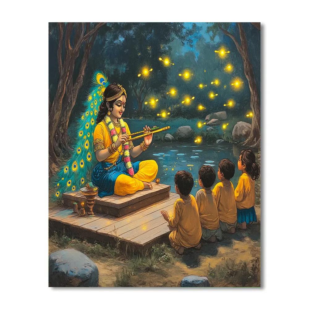 Krishna Hosting The Firefly Flute Lesson paint by color
