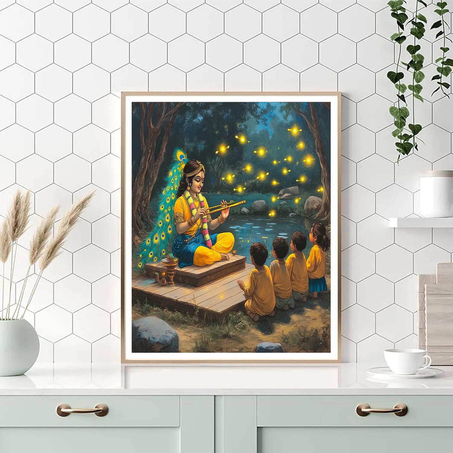 Krishna Hosting The Firefly Flute Lesson paint by color