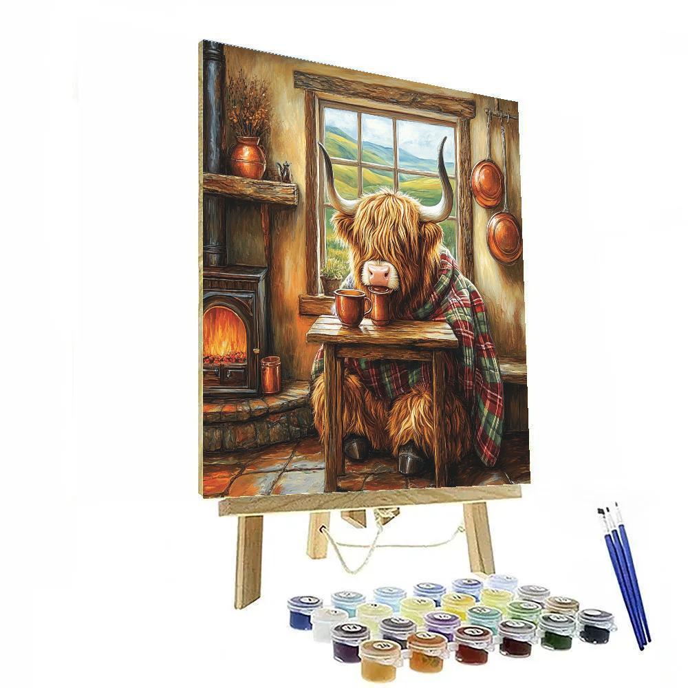 Crofthouse Tea With Highland Cow paint by numbers