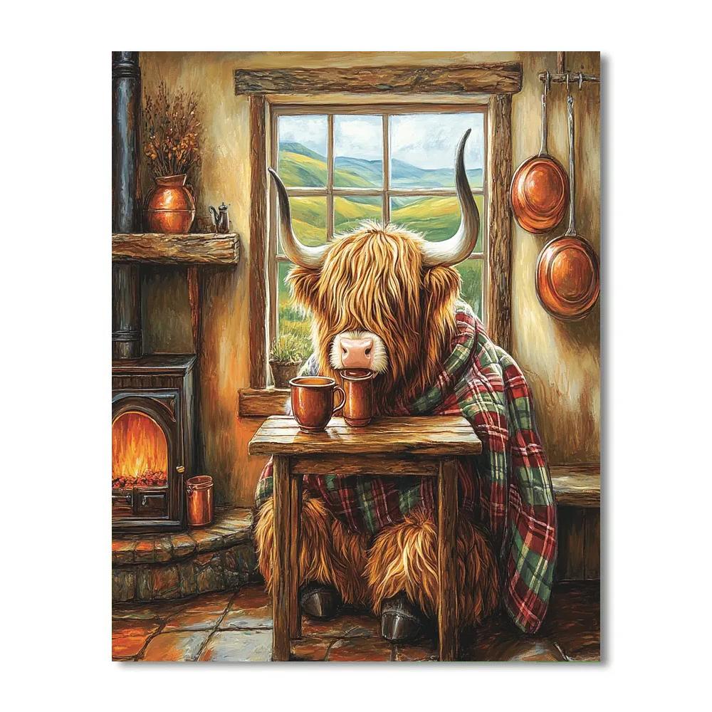 Crofthouse Tea With Highland Cow paint by numbers