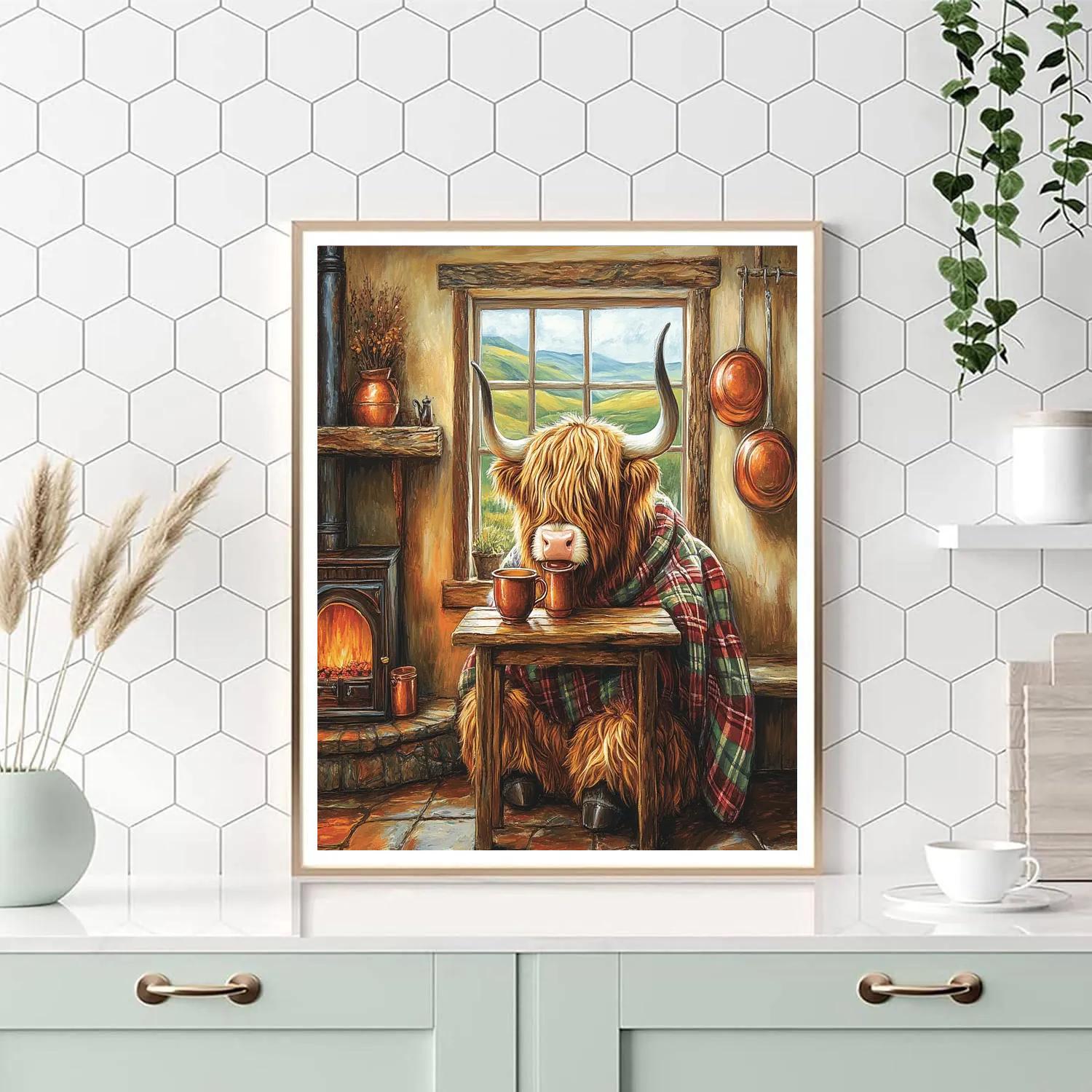 Crofthouse Tea With Highland Cow paint by numbers