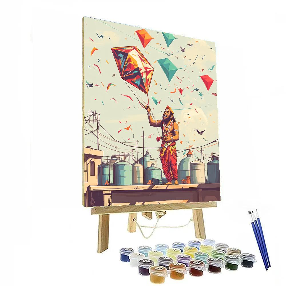 Hanuman City Rooftop Kite Day Painting by numbers kit