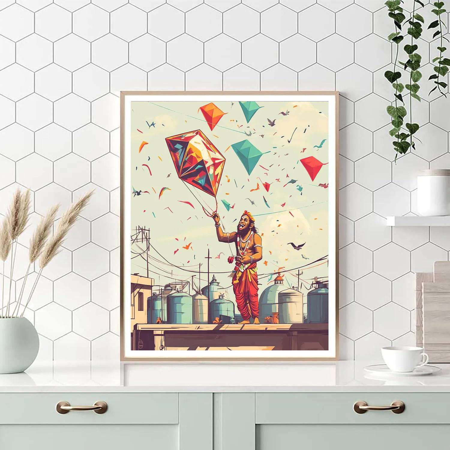 Hanuman City Rooftop Kite Day Painting by numbers kit