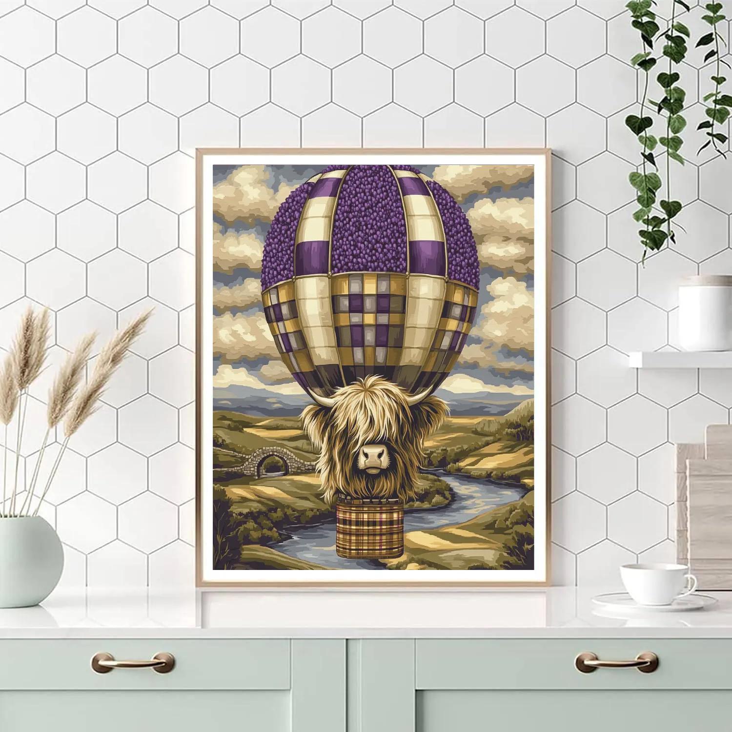 Highland Cow In Heather Hot Air Balloon Numbered painting kits