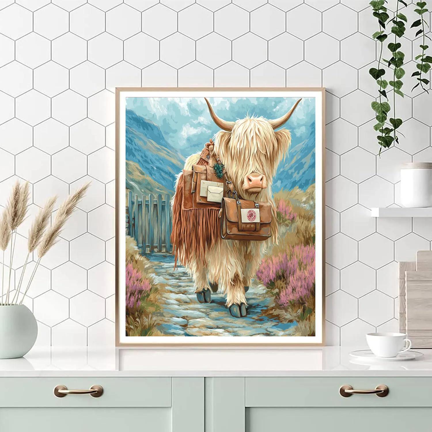 Mountain Postman Highland Cow DIY paint by numbers