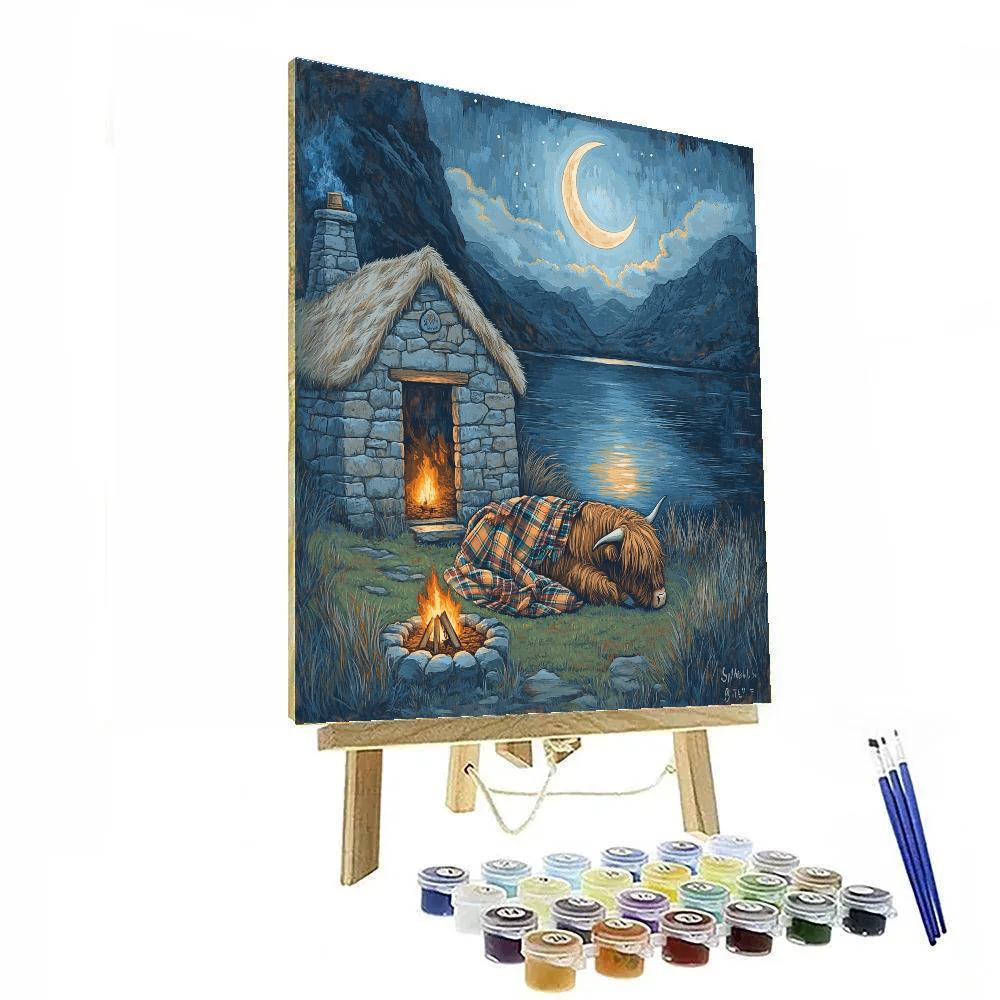 Moonlit Bothy Highland Cow Painting by numbers kit