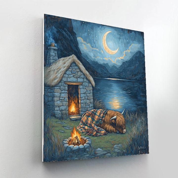 Moonlit Bothy Highland Cow Painting by numbers kit