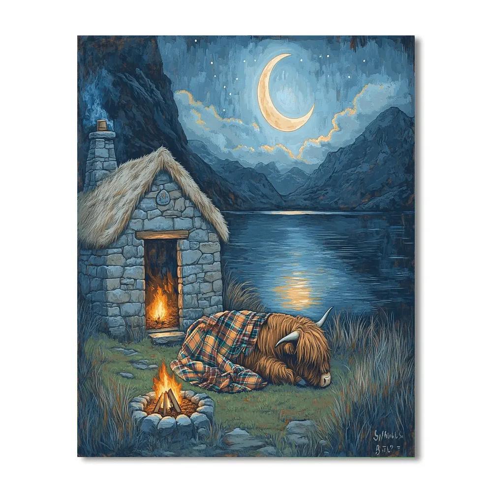 Moonlit Bothy Highland Cow Painting by numbers kit