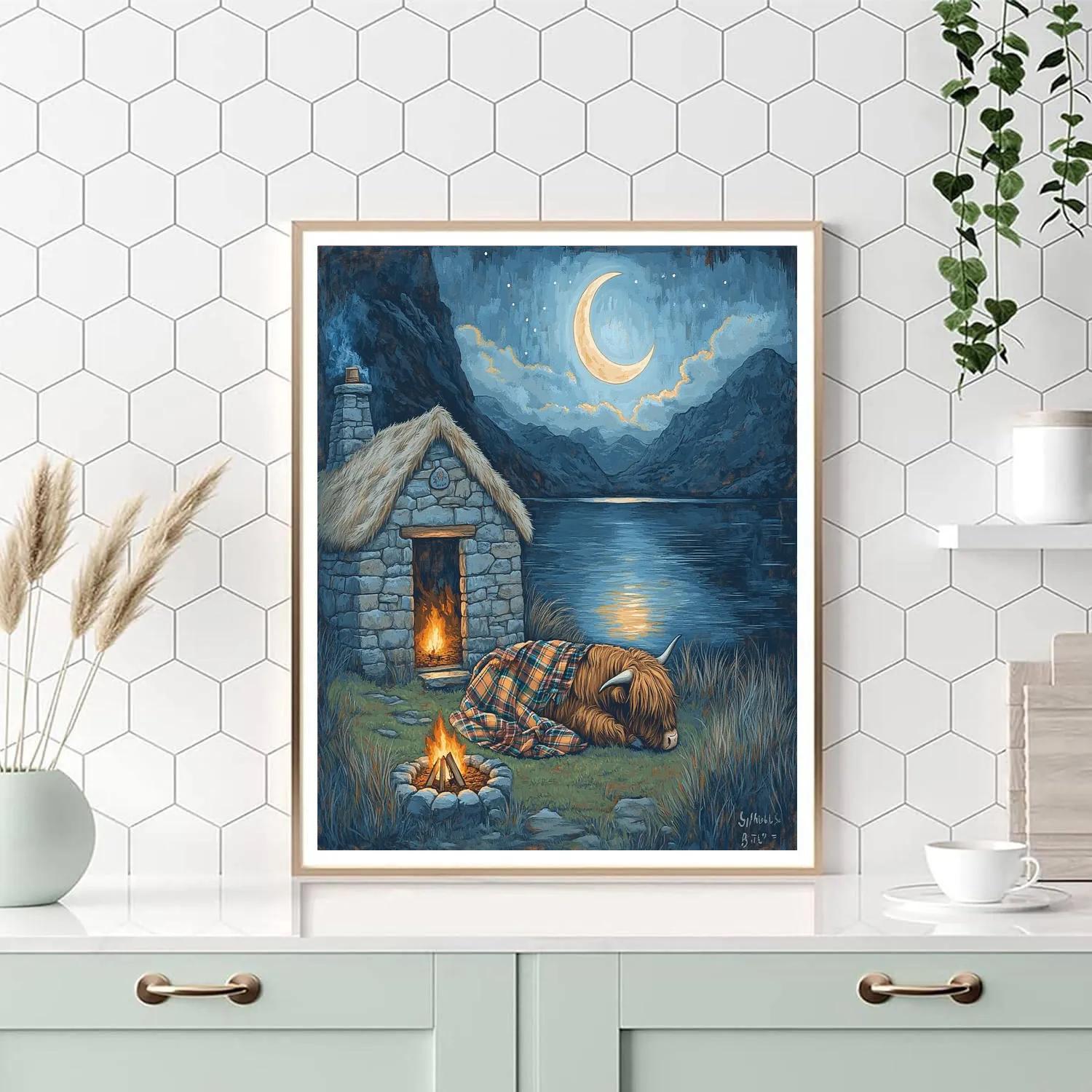 Moonlit Bothy Highland Cow Painting by numbers kit