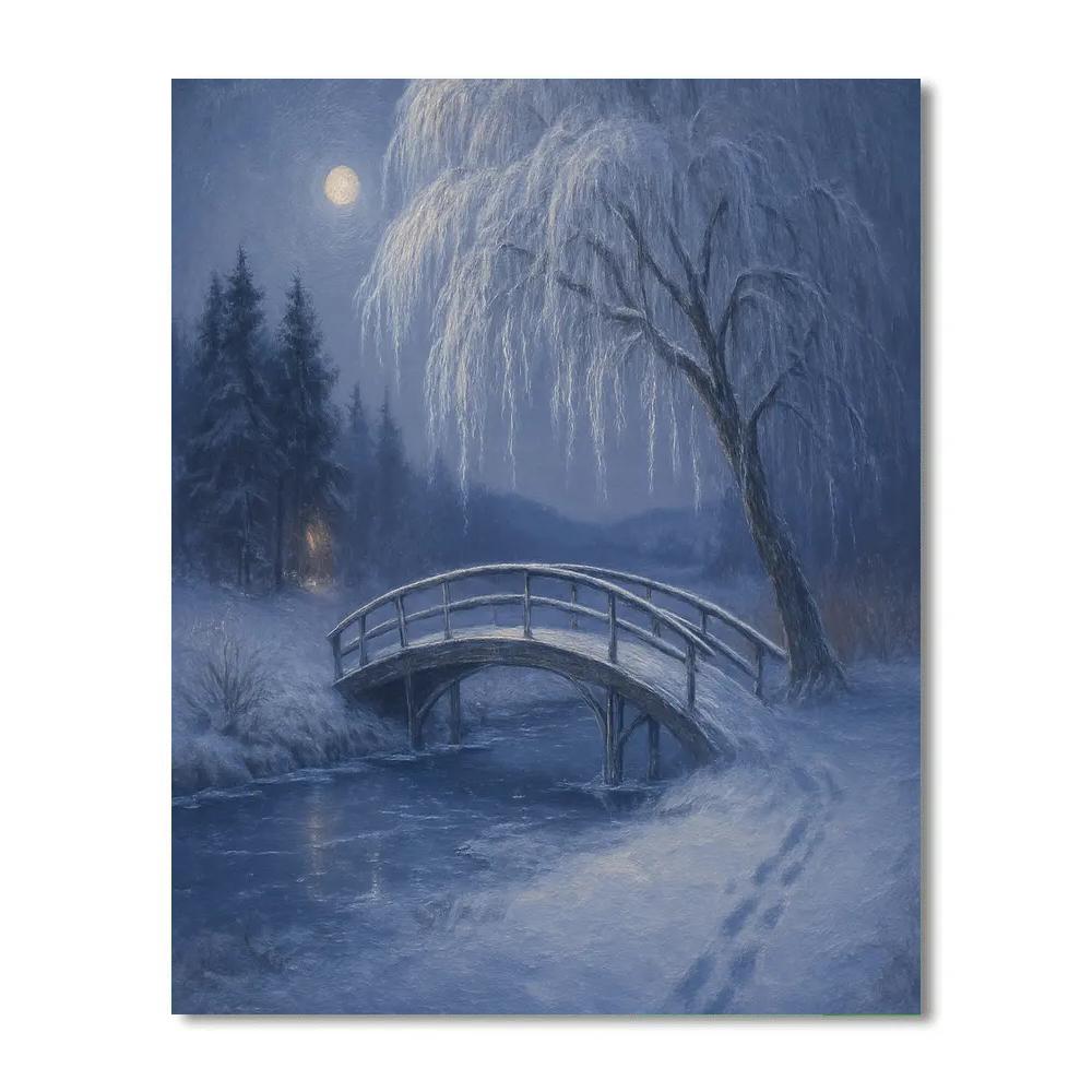 Moonlit Willow Bridge Over Silent Ice DIY paint by numbers