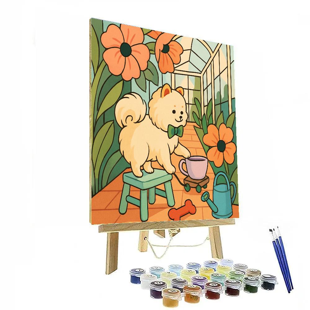 Glasshouse Tea Party With Dog In Bloom Numbered painting kits
