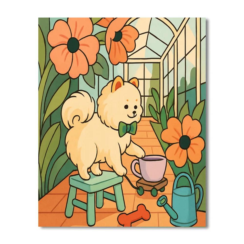 Glasshouse Tea Party With Dog In Bloom Numbered painting kits