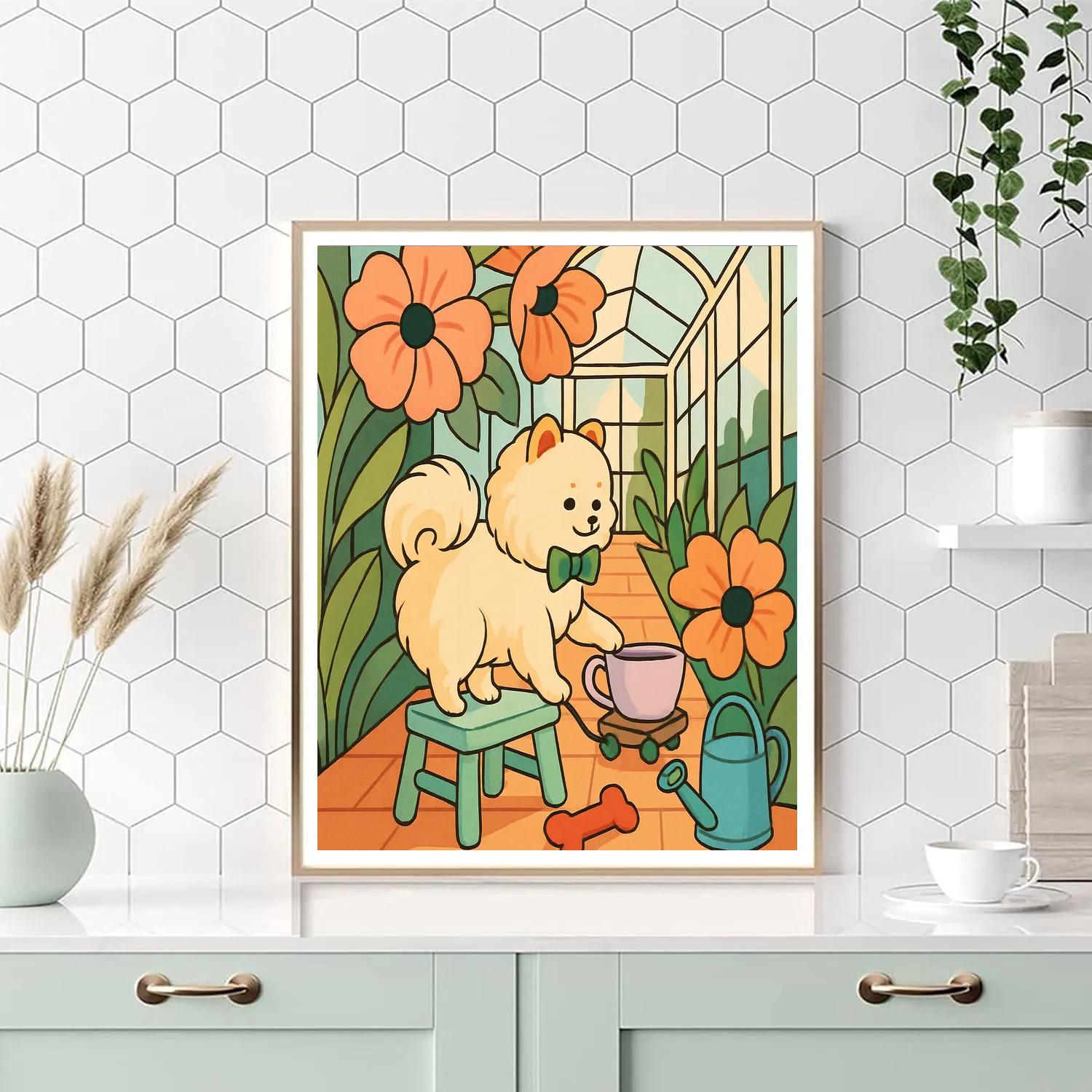 Glasshouse Tea Party With Dog In Bloom Numbered painting kits