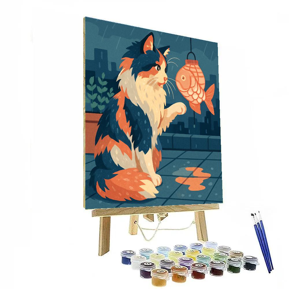 Lantern Festival Cat In A Rainy Rooftop Garden Painting by numbers kit