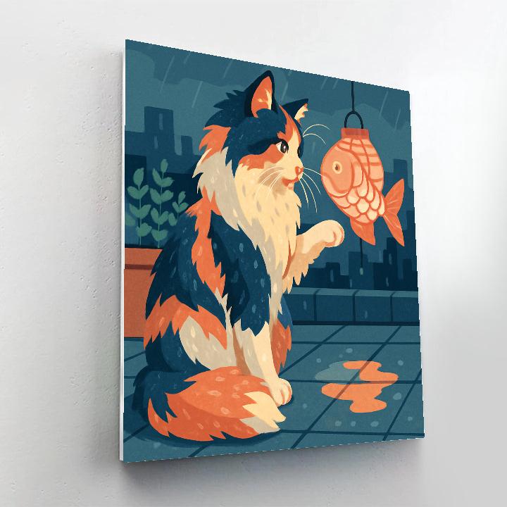 Lantern Festival Cat In A Rainy Rooftop Garden Painting by numbers kit