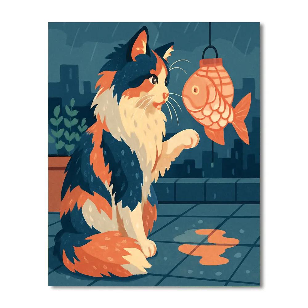 Lantern Festival Cat In A Rainy Rooftop Garden Painting by numbers kit