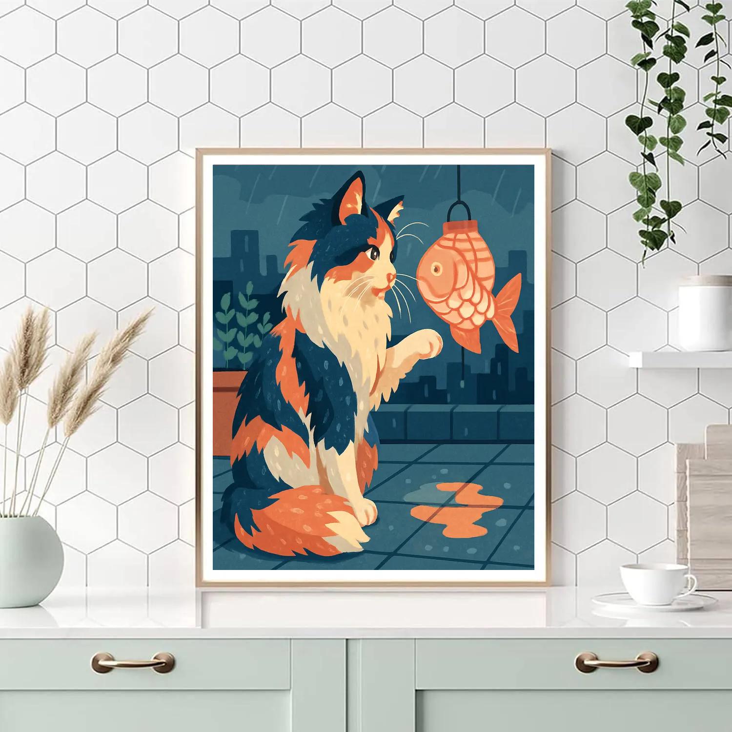 Lantern Festival Cat In A Rainy Rooftop Garden Painting by numbers kit