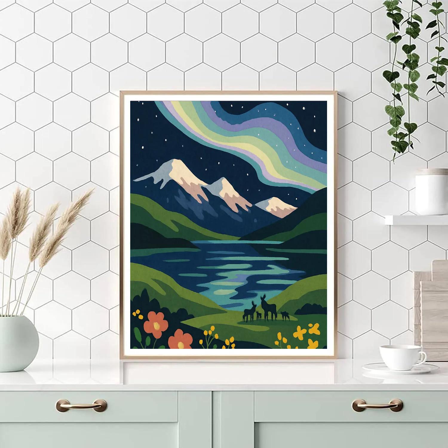 Meadow Under Aurora With Landscape Reflections Painting by numbers kit