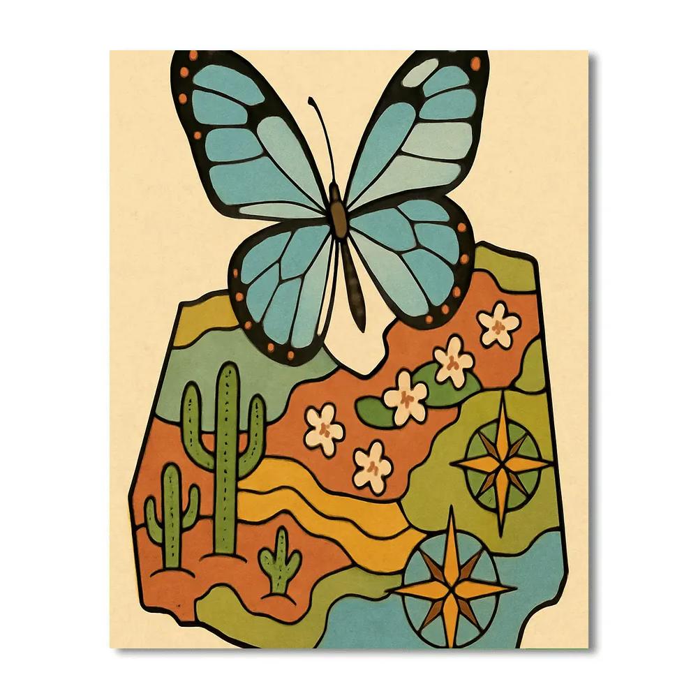 Butterfly Glasswing Over Desert Bloom Map Painting by numbers kit