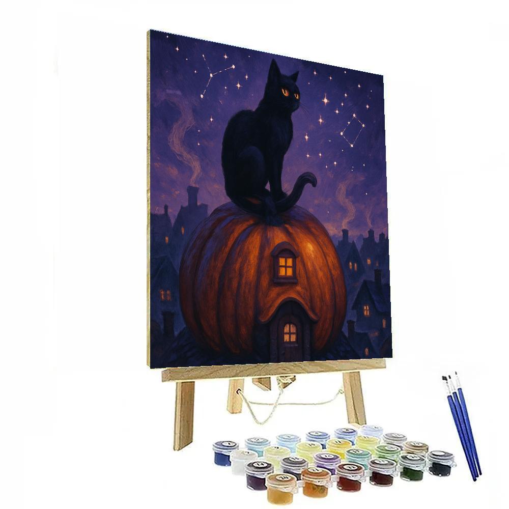 Black Cat Stargazer On The Pumpkin Roof paint by number