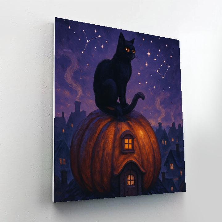 Black Cat Stargazer On The Pumpkin Roof paint by number