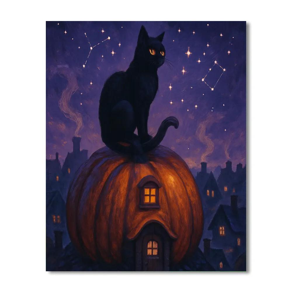 Black Cat Stargazer On The Pumpkin Roof paint by number