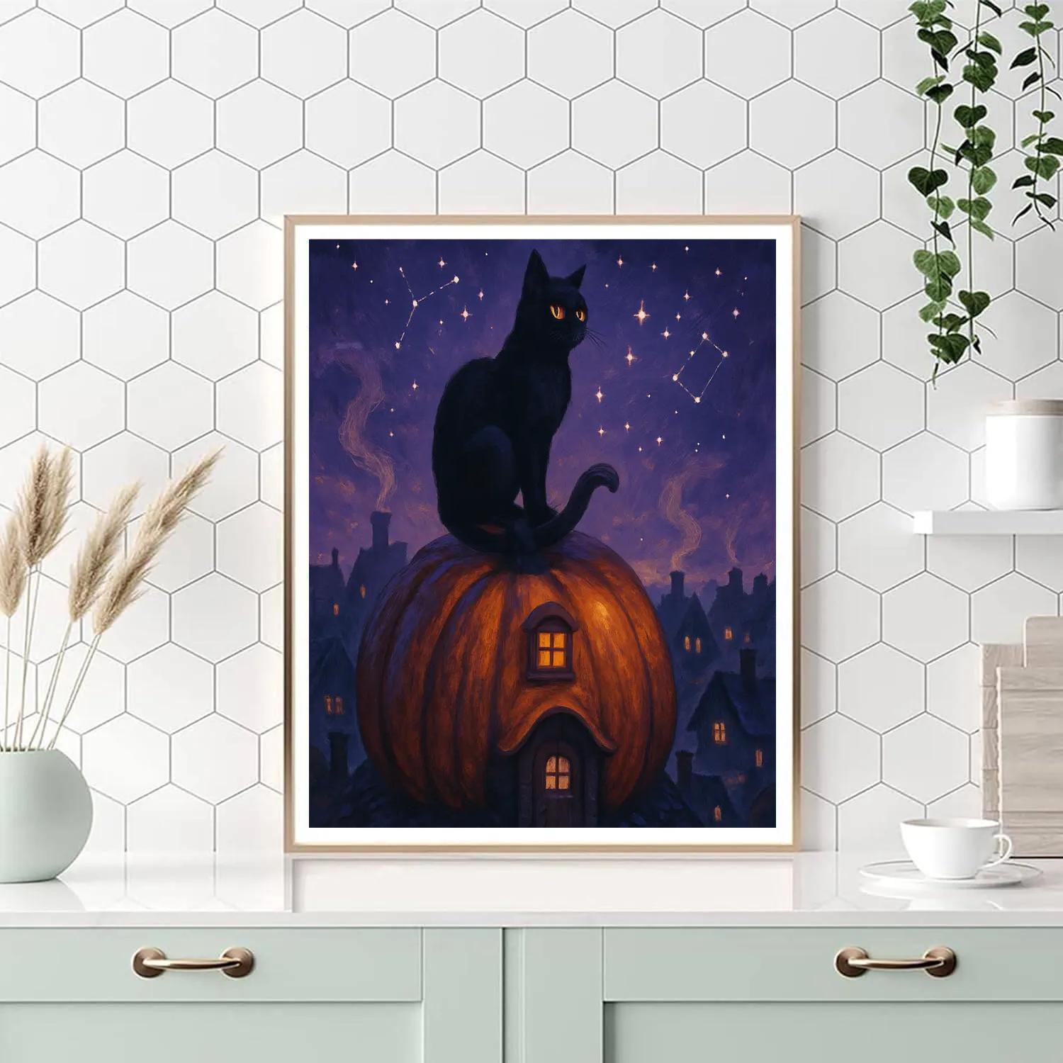 Black Cat Stargazer On The Pumpkin Roof paint by number