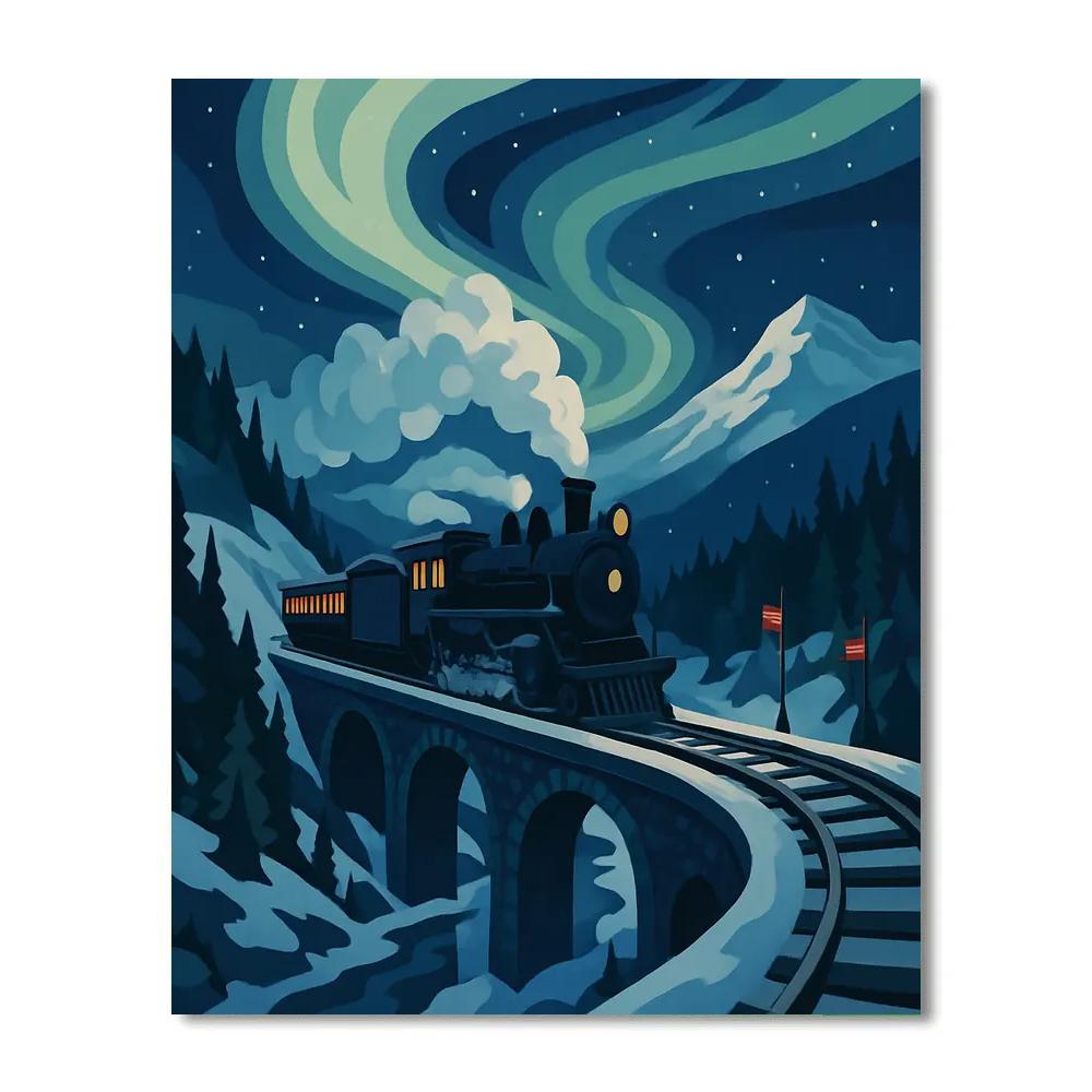 Aurora Borealis Over Mountain Pass, Train Number painting