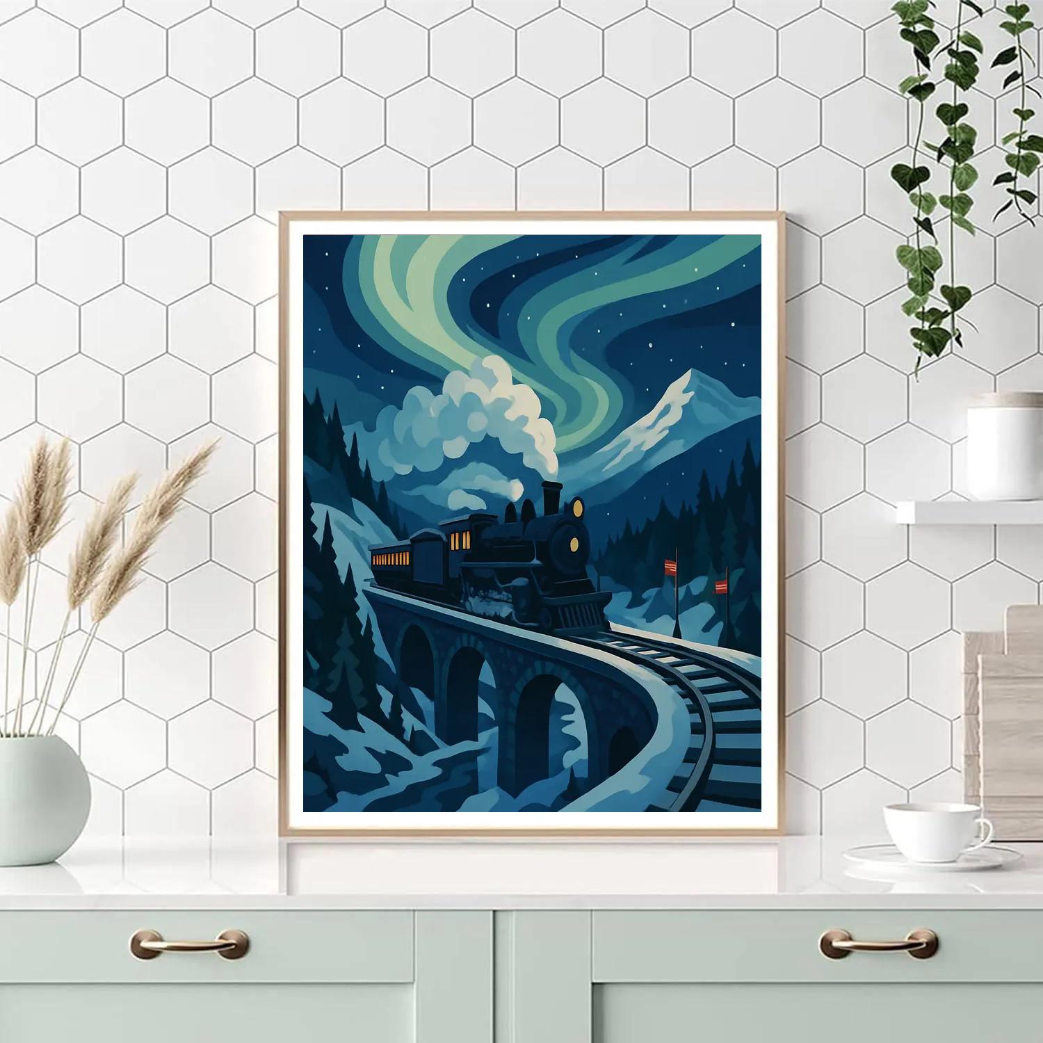 Aurora Borealis Over Mountain Pass, Train Number painting