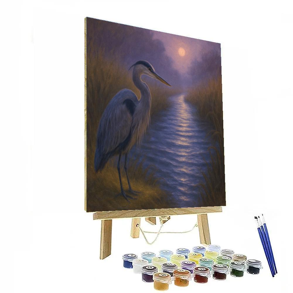 Moonlit Heron Over The Reed Shadow Canal DIY paint by numbers
