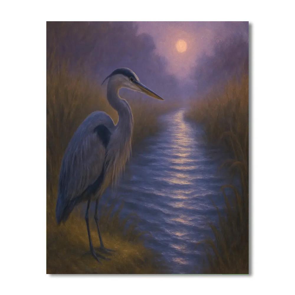 Moonlit Heron Over The Reed Shadow Canal DIY paint by numbers