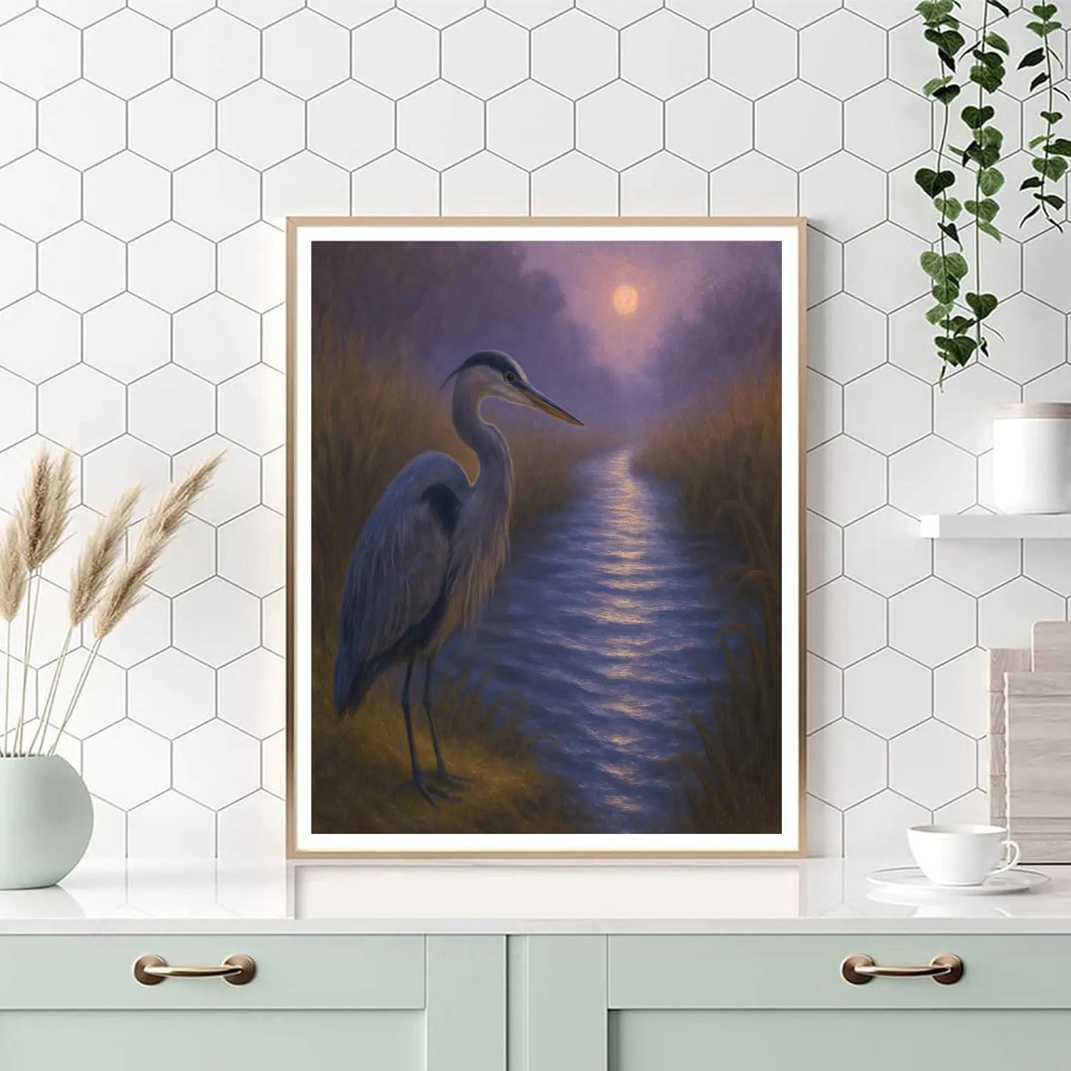 Moonlit Heron Over The Reed Shadow Canal DIY paint by numbers