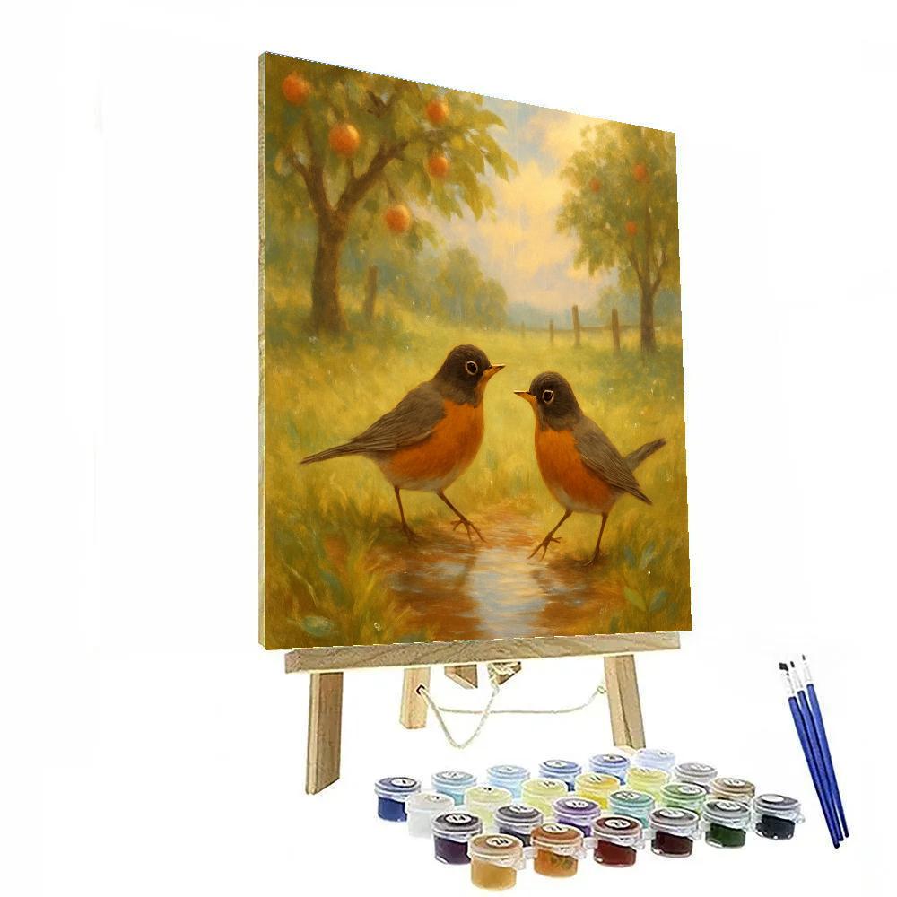 Golden Orchard Robins After Rain paint by number