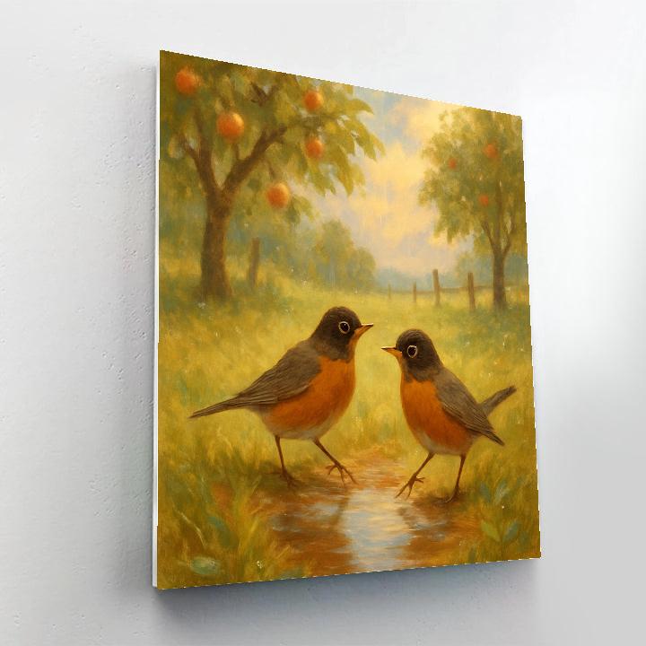 Golden Orchard Robins After Rain paint by number