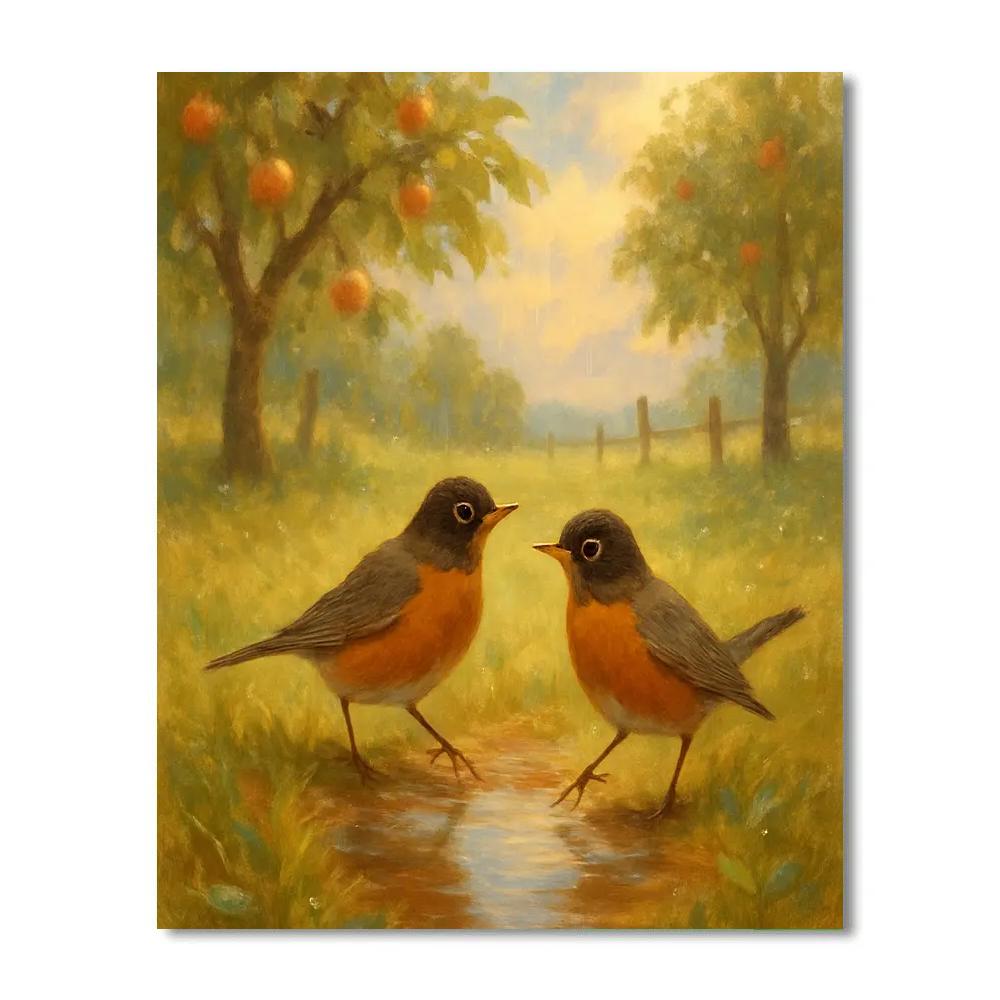 Golden Orchard Robins After Rain paint by number