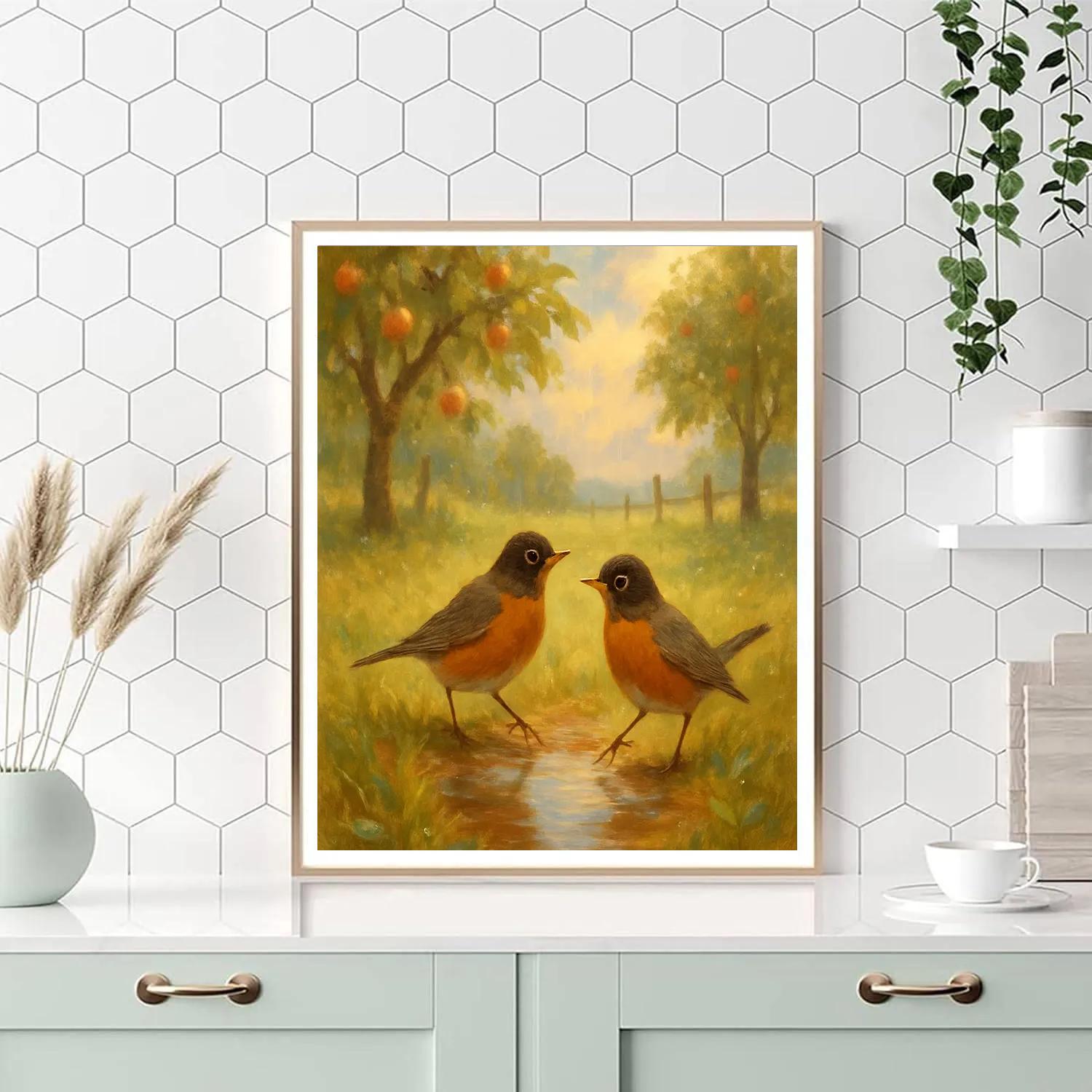 Golden Orchard Robins After Rain paint by number