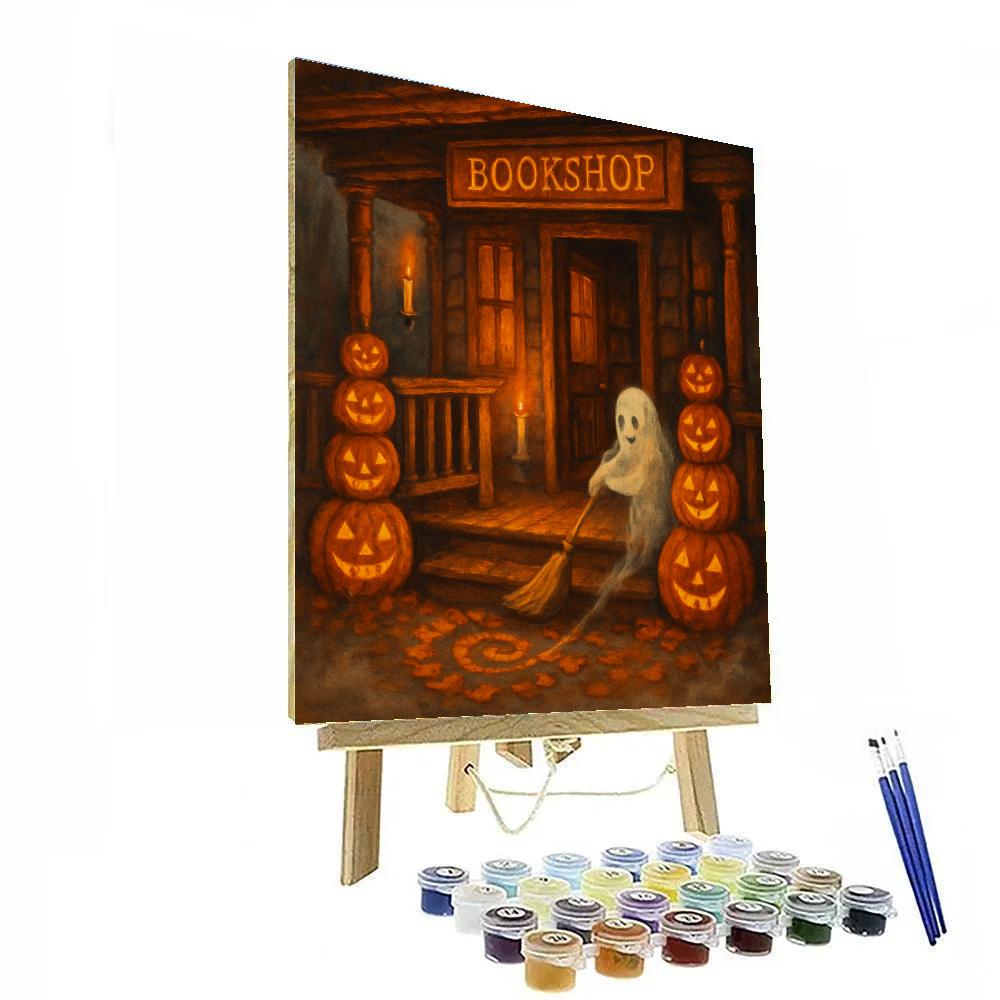 The Haunted Bookshop Porch Of Glowing Gourds paint by number