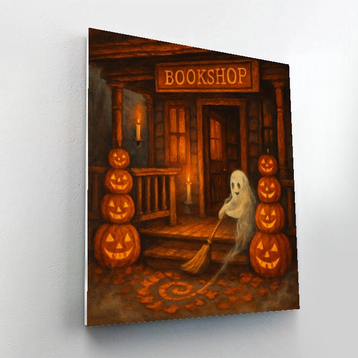 The Haunted Bookshop Porch Of Glowing Gourds paint by number