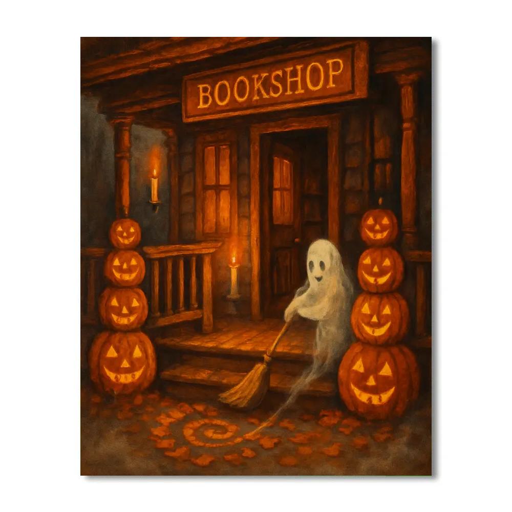 The Haunted Bookshop Porch Of Glowing Gourds paint by number