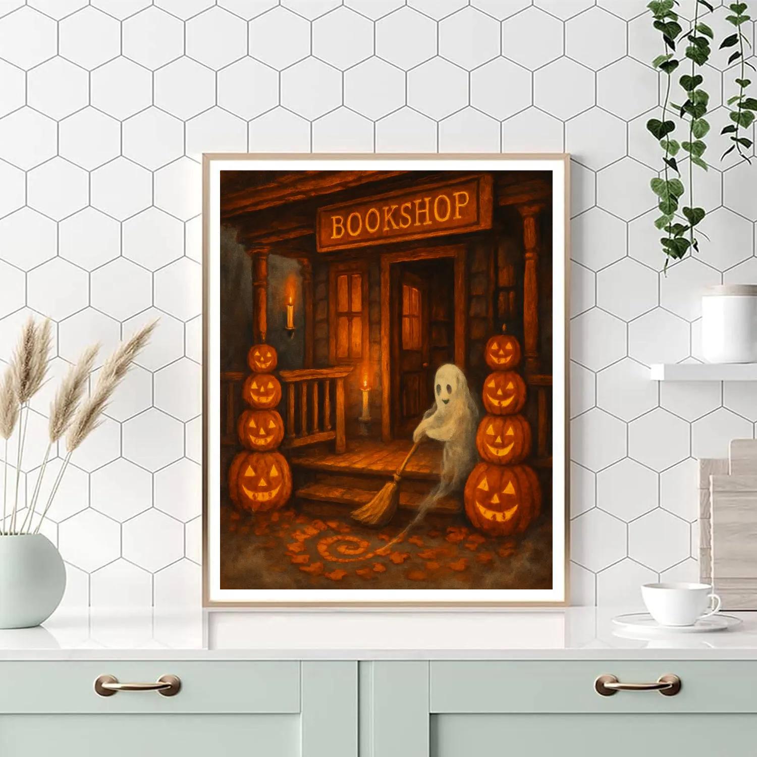 The Haunted Bookshop Porch Of Glowing Gourds paint by number