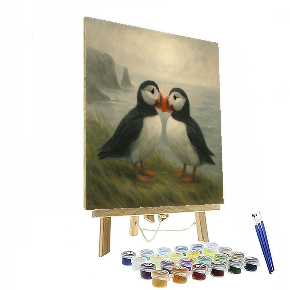 Seaside Cliff Puffins In Soft Fog Glow Paint by numbers kits