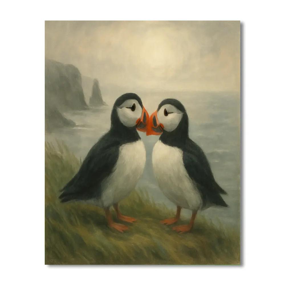 Seaside Cliff Puffins In Soft Fog Glow Paint by numbers kits
